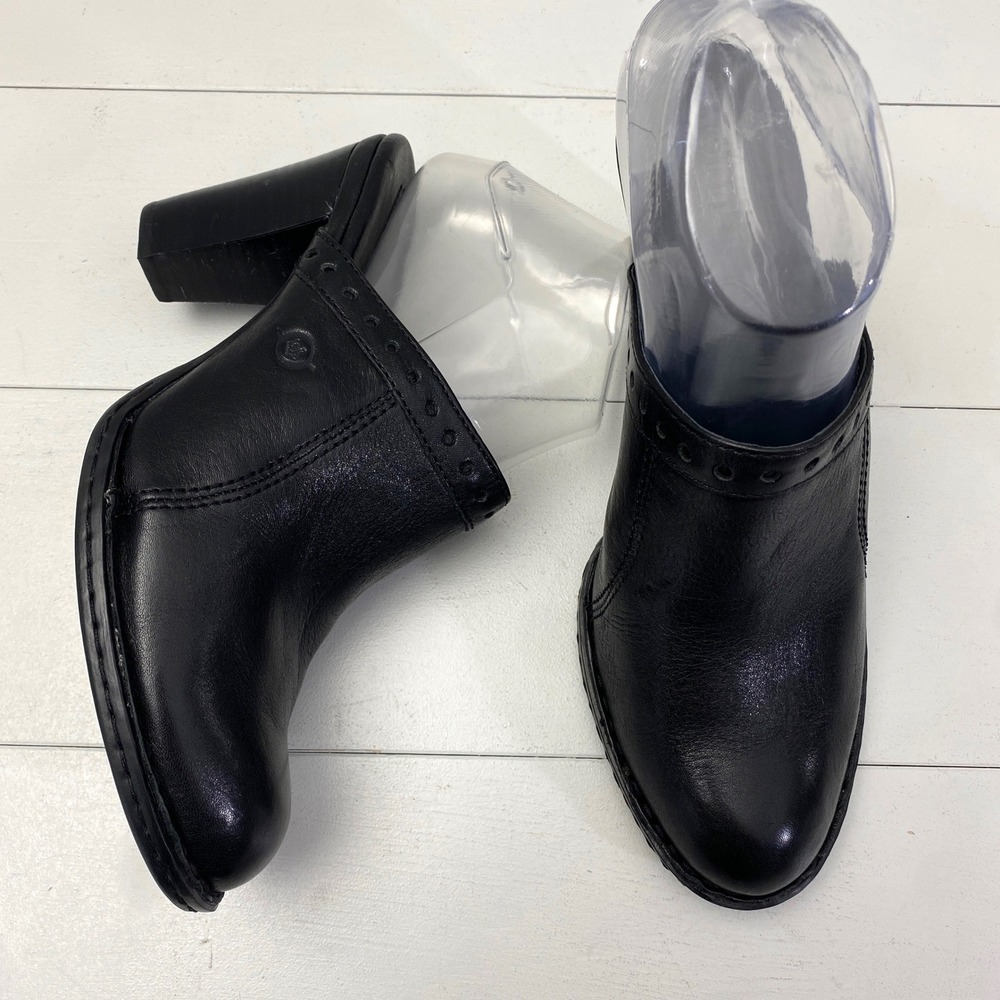 Born Black Leather Heeled Mules Womens 8 Round Toe Block Heel Slip On Shoes